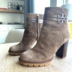 Tory Burch Leigh Suede Lug Sole Boots in River Rock, Size 8.5 NWOT